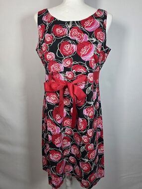 Karin Stevens Dress 12 Black Red Floral Fit & Flare Sleeveless Bow